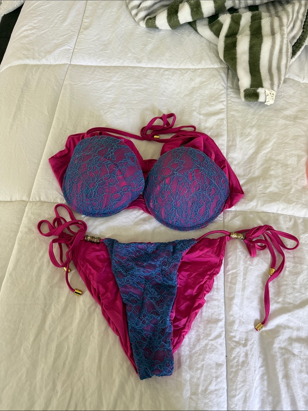 Beach Bunny Fuchsia Pink Lace Bikini Set with Blue Overlay